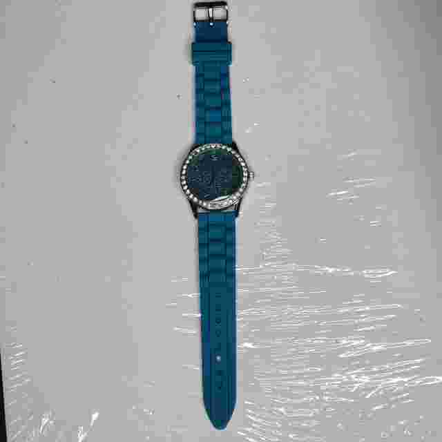 Ladies Darice Silver Tone aqua colored Silicone Band Ladies Rhinestone Watch