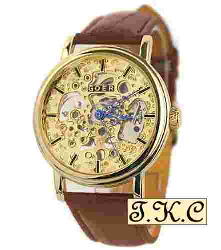 Gold pl Heirloom Mechanical Windup Skeleton Steampunk Brown Leather Unisex Watch