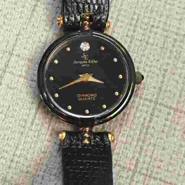 Jacques Edho Paris Diamond Quartz Wristwatch 18K Gold Plate Black Leather Band