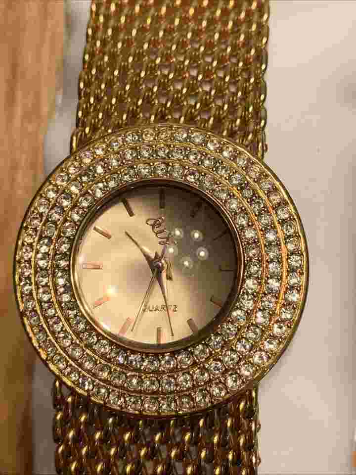 Colleen Lopez Gold Tone  Rhinestone Bracelet Watch New Battery Works 8”