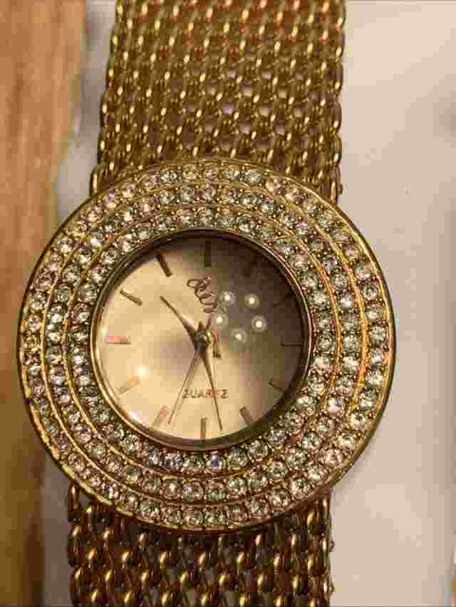 Colleen Lopez Gold Tone  Rhinestone Bracelet Watch New Battery Works 8”
