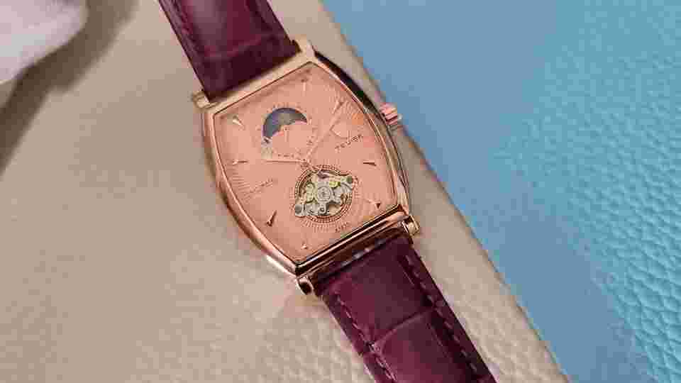 Mens Rose Gold Moon Phase Automatic Mechanical Watch White Leather 24HR Dial