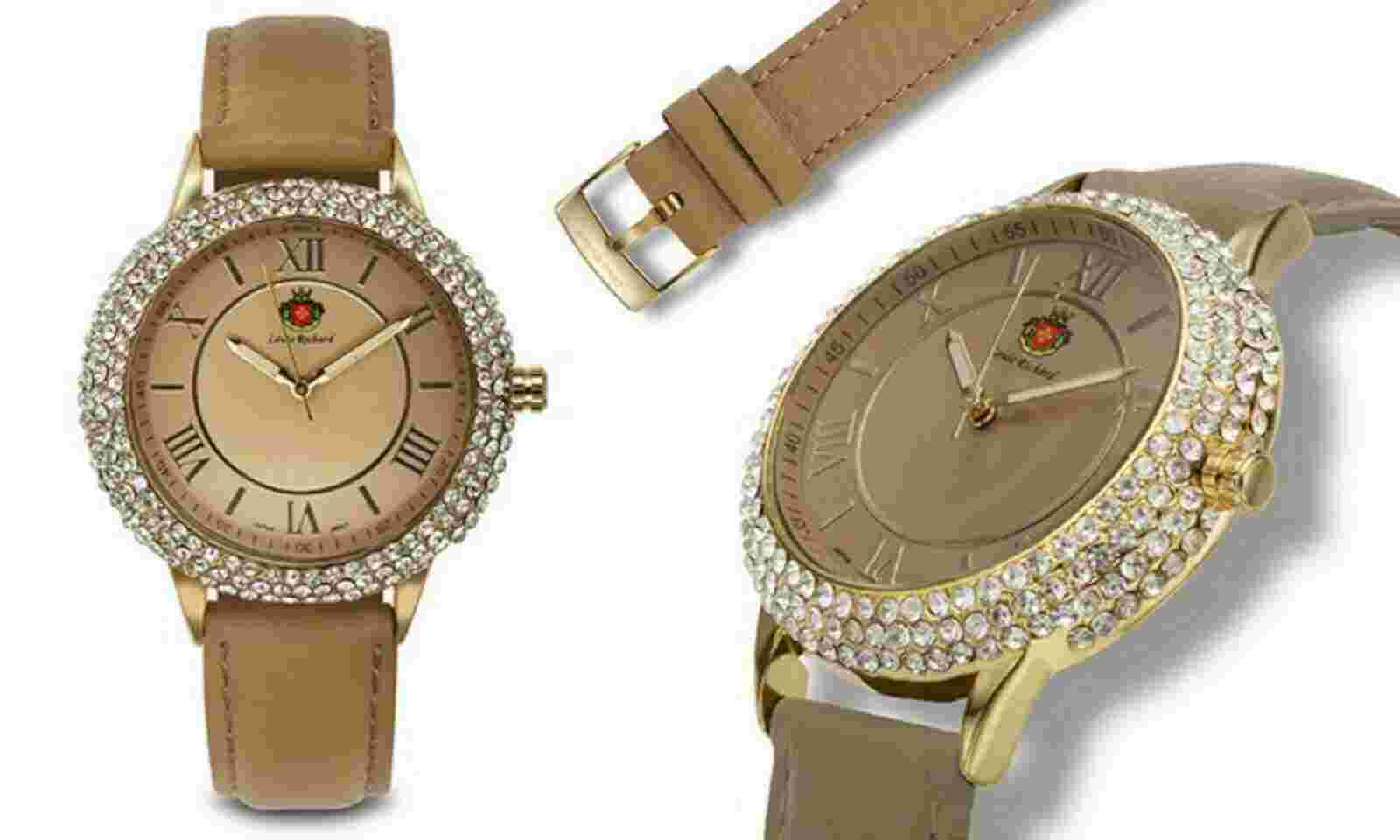 NEW Louis Richard 1426 Womens Mystra Swarovski Crystal Bezel Beige Leather Watch