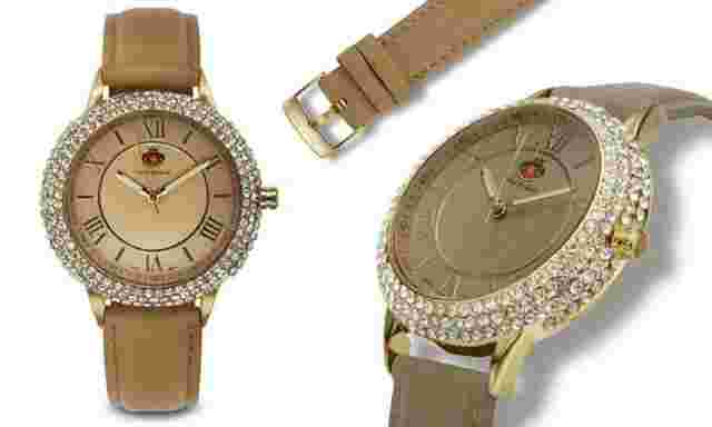 NEW Louis Richard 1426 Womens Mystra Swarovski Crystal Bezel Beige Leather Watch