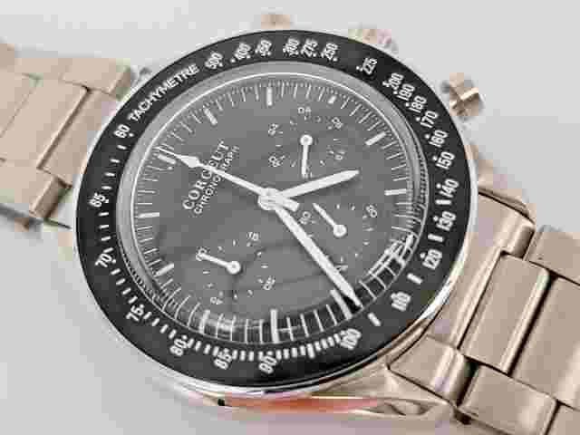 40mm corgeut black dial steel bracelet quartz full chronograph mens watch