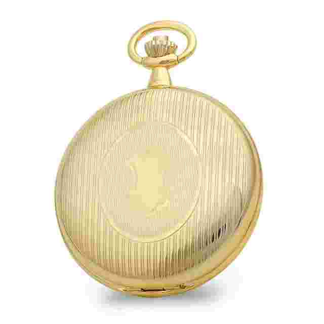 Charles Hubert Gold-Finish Double Cover Striped w/ Shield Pocket Watch