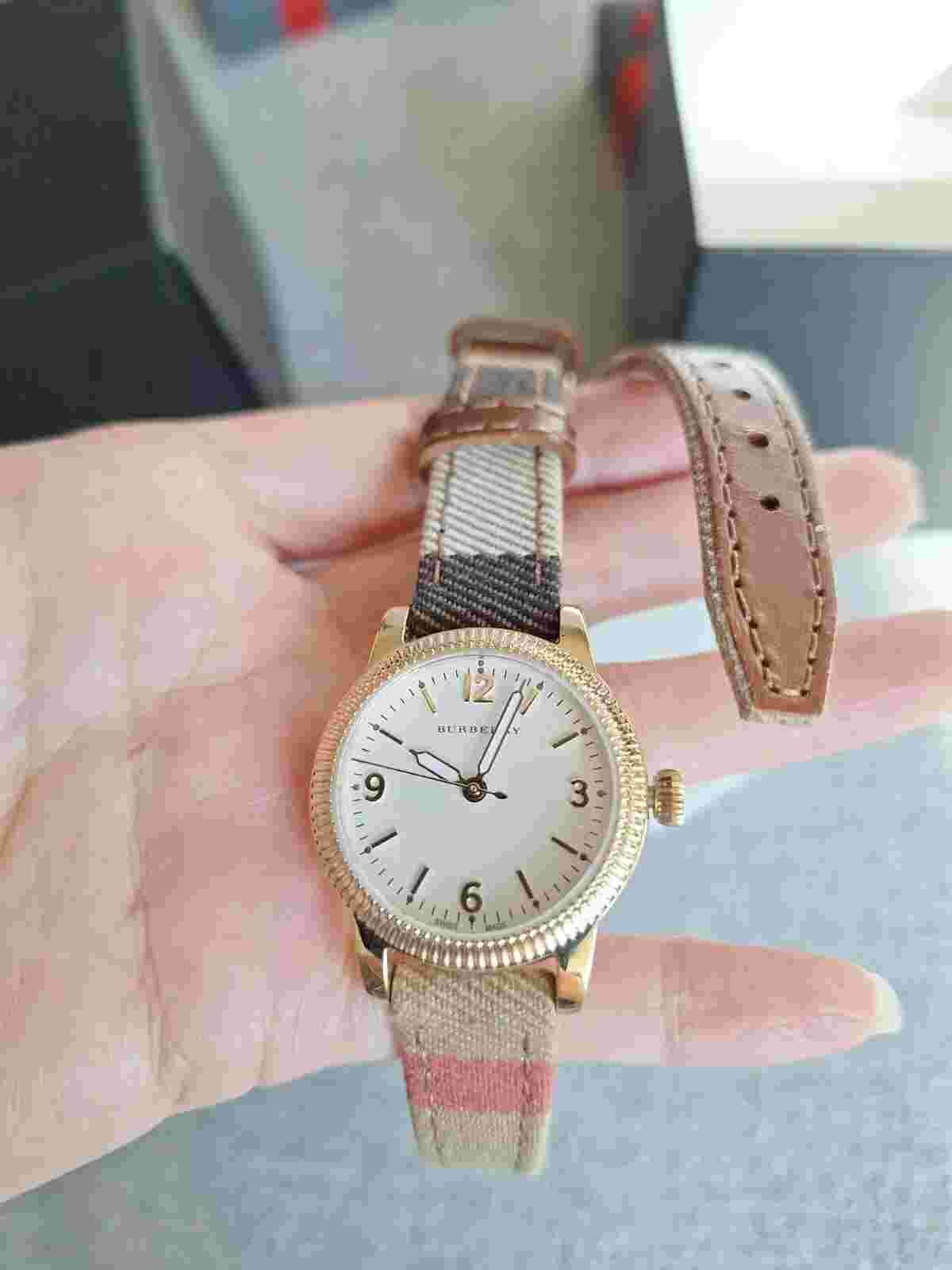 Burberry Women's The Utilitarian Canvas Check White Dial Gold Steel Watch BU7851