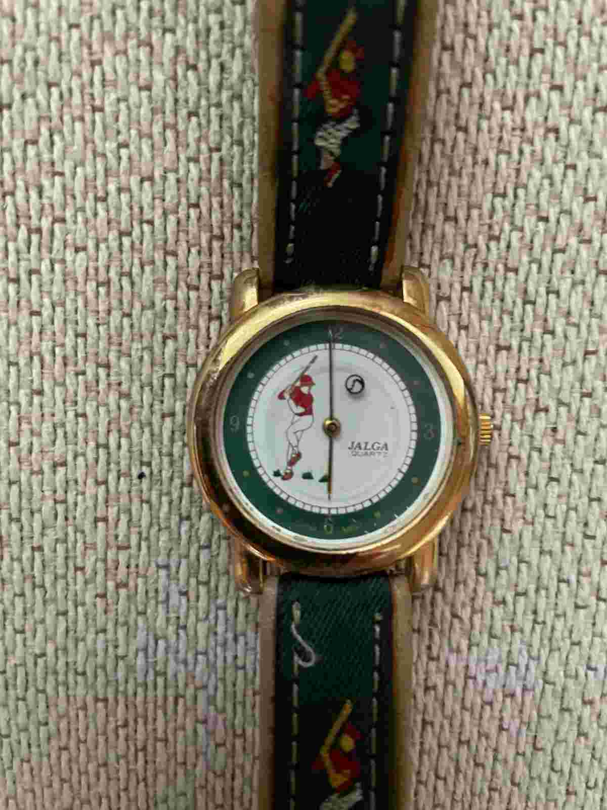 JALGA Baseball Player Quartz Analog Watch Green Gold Brown Vintage Leather