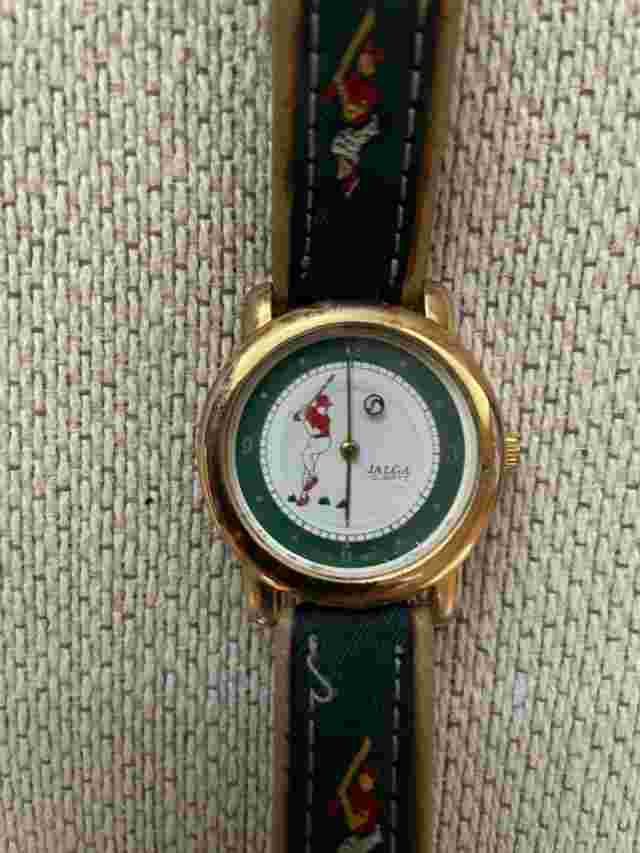 JALGA Baseball Player Quartz Analog Watch Green Gold Brown Vintage Leather