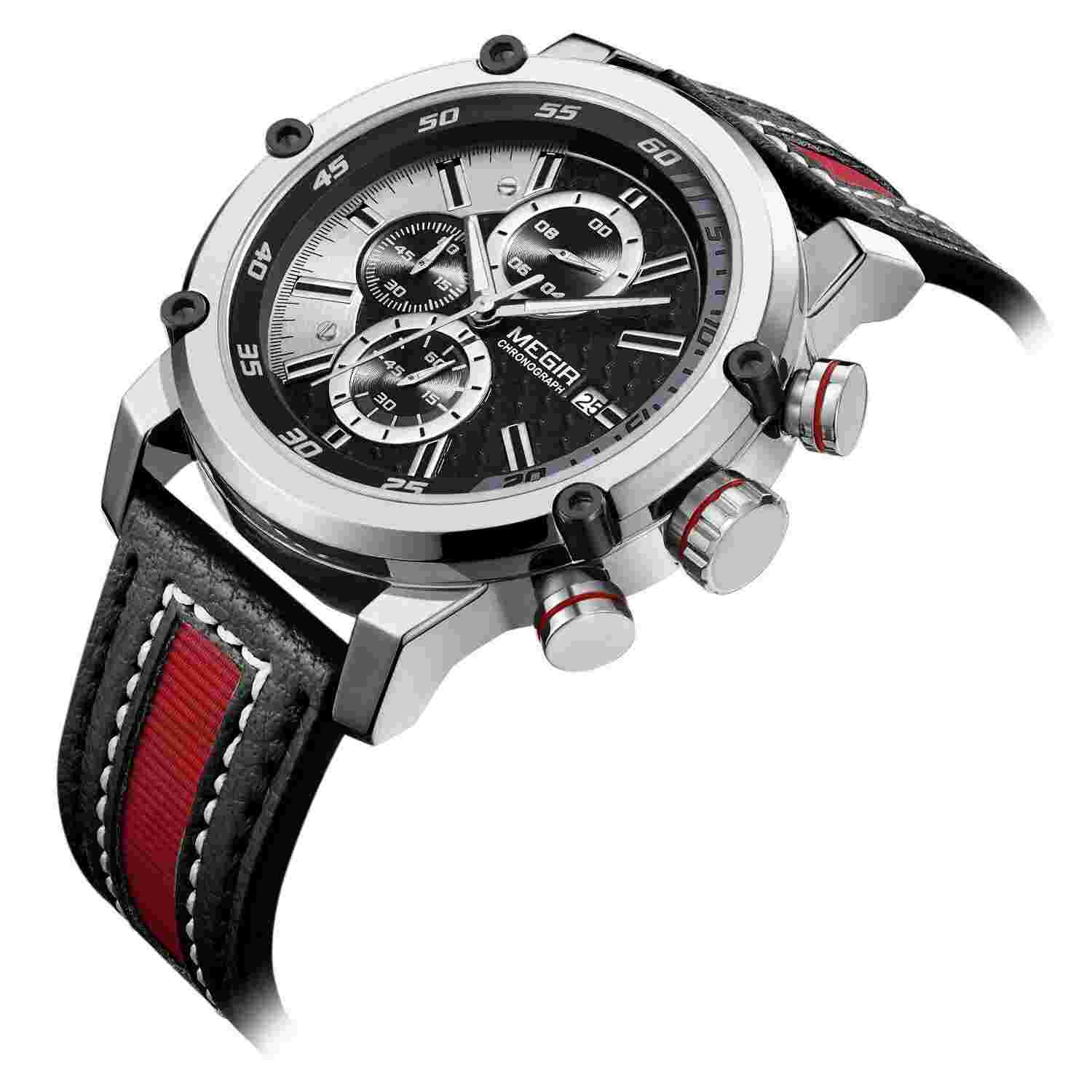 MEGIR Quartz Sport Mens Watch Luxury Leather Wrist Chronograph Luminous Analog