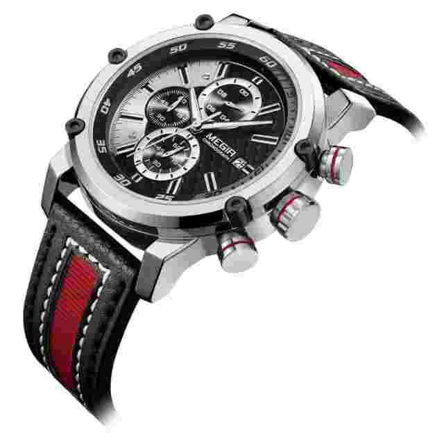 MEGIR Quartz Sport Mens Watch Luxury Leather Wrist Chronograph Luminous Analog