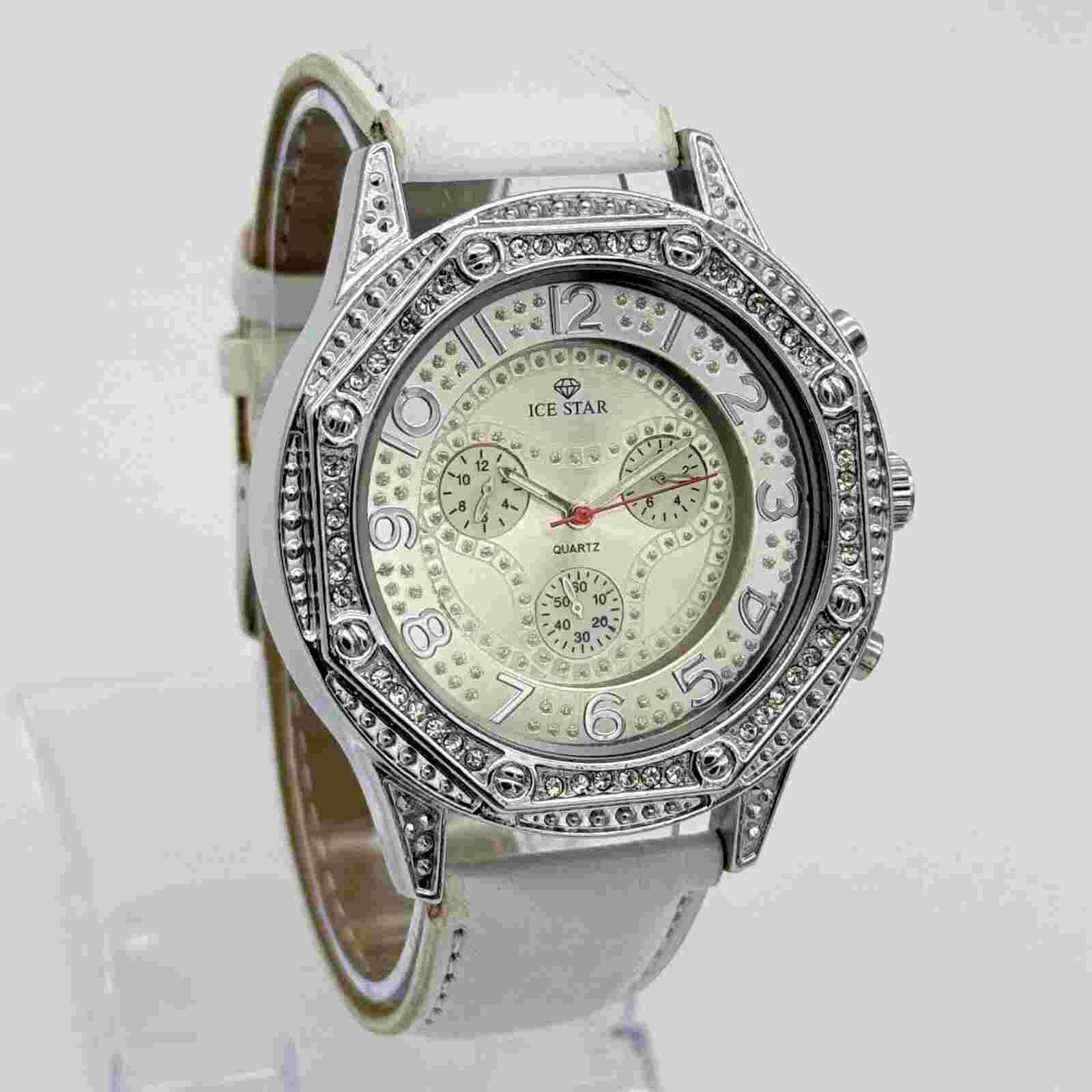Men's ICE KING Silver Tone Gem-Set Bling Watch White Leather Day/Date 46mm, 4486