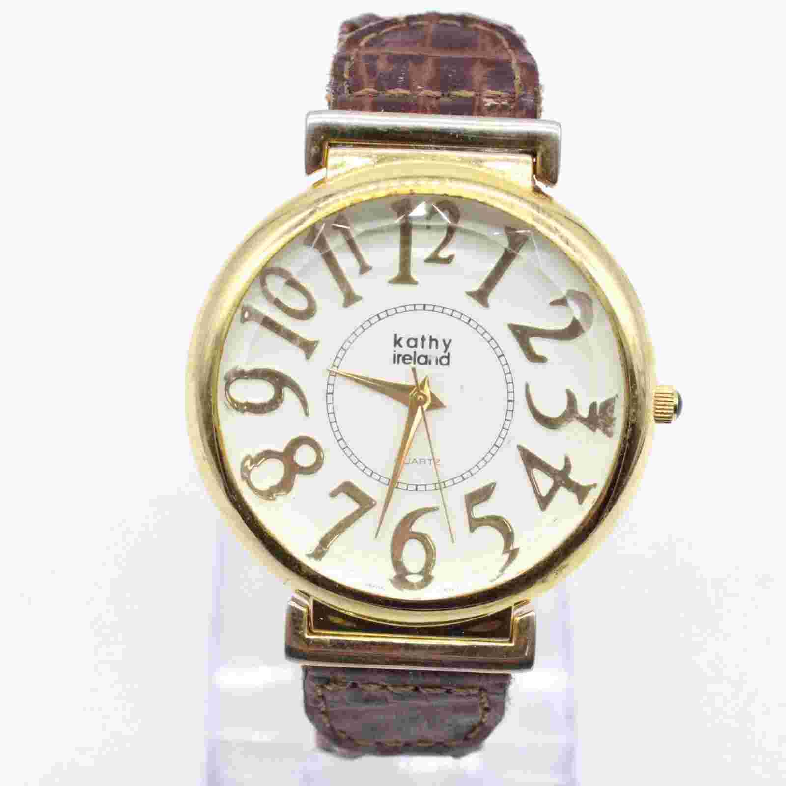 Vintage Kathy Ireland Watch Women Gold Tone Stainless Steel Big Round White Face