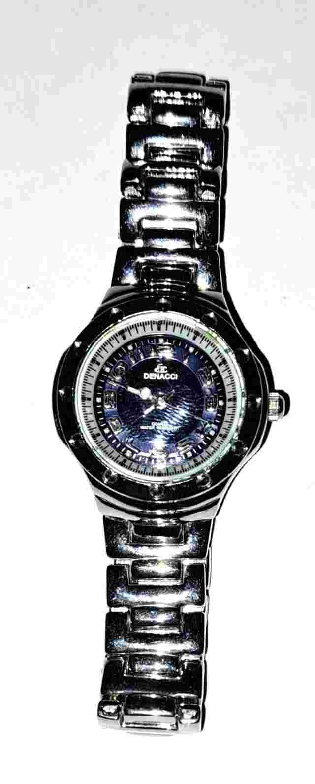 Denacci Women's Silver Tone Watch Black Dial New Battery Works