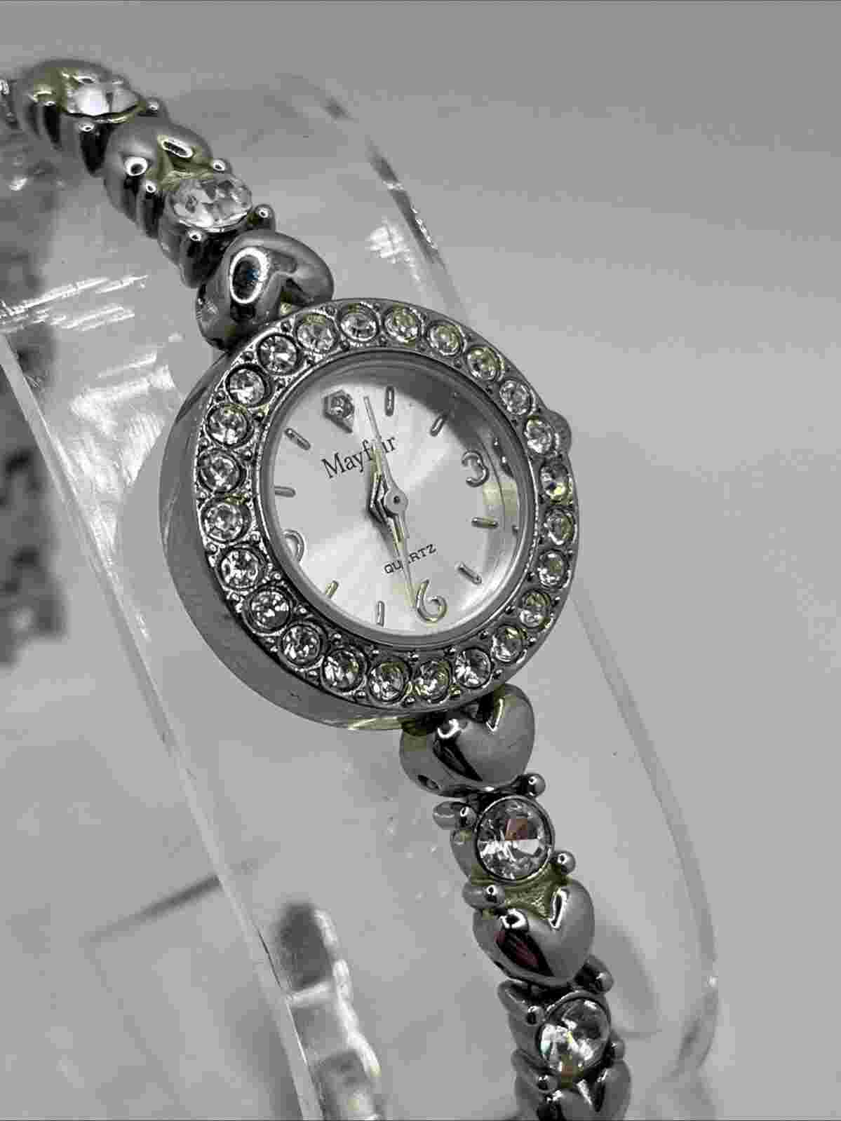 Mayfair Women's Quart Watch Rhinestones & Hearts 8.25" Silver Band- New Battery