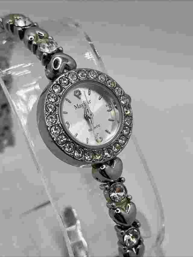 Mayfair Women's Quart Watch Rhinestones & Hearts 8.25" Silver Band- New Battery