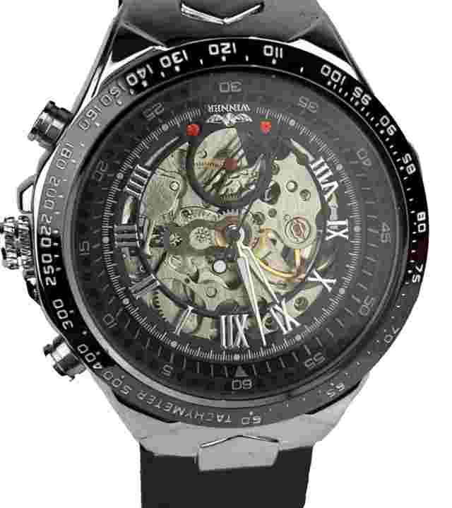Winner Men's Watch Automatic Skeleton Black Bezel Silver Stainless Waterproof