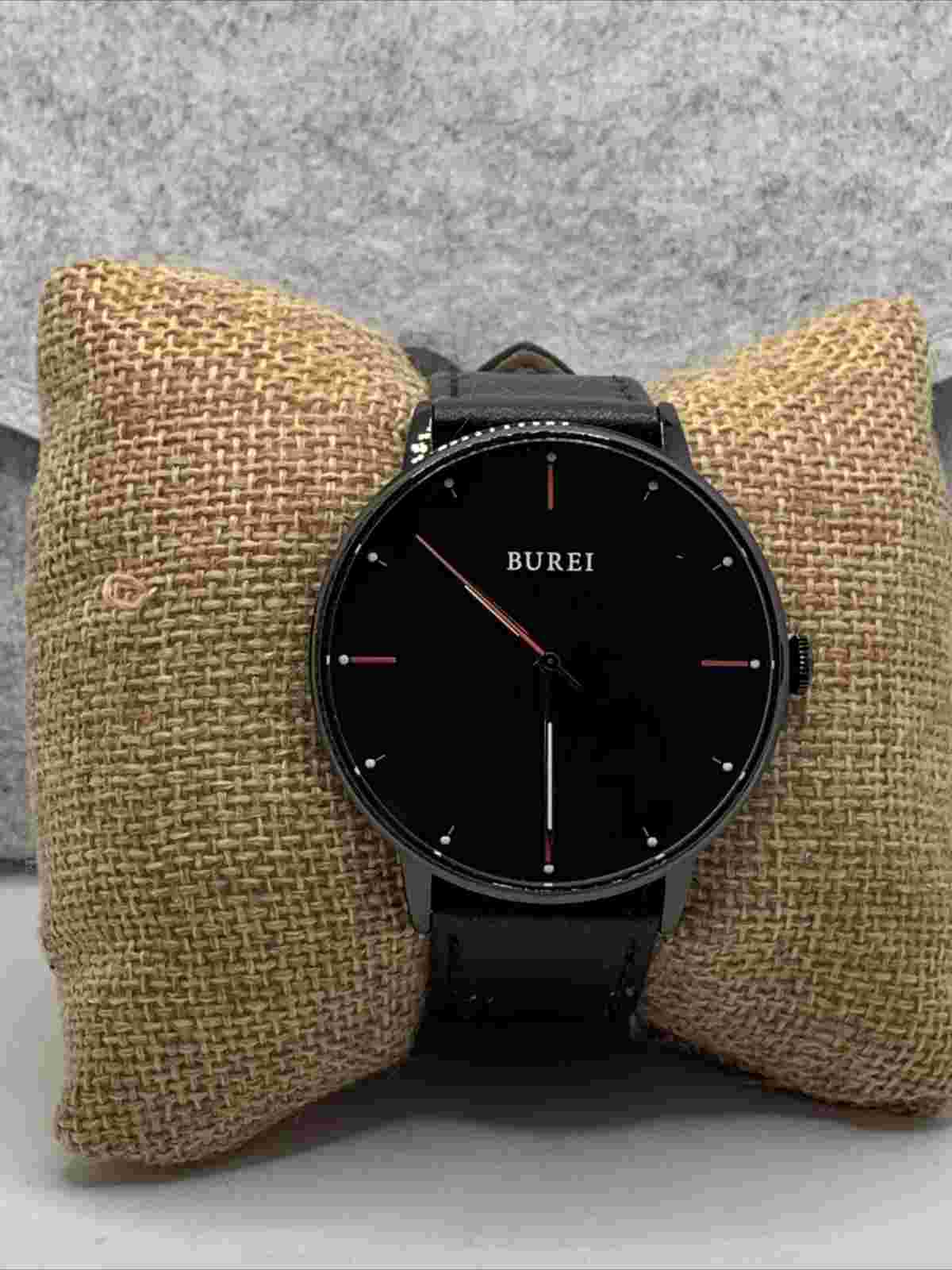 Burei S-19006M Men's Black Leather Analog Dial Quartz Genuine Wrist Watch FRY194