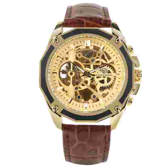 FORSINING Mens Automatic Mechanical Watch Skeleton Analog Dial Leather Band Xmas