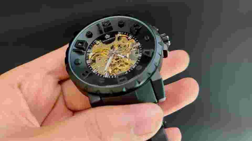 Cool Men's Steampunk Self-wind Skeleton Automatic Mechanical Watch Full Black