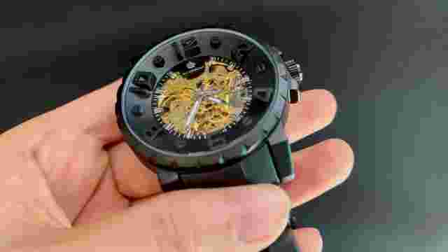 Cool Men's Steampunk Self-wind Skeleton Automatic Mechanical Watch Full Black