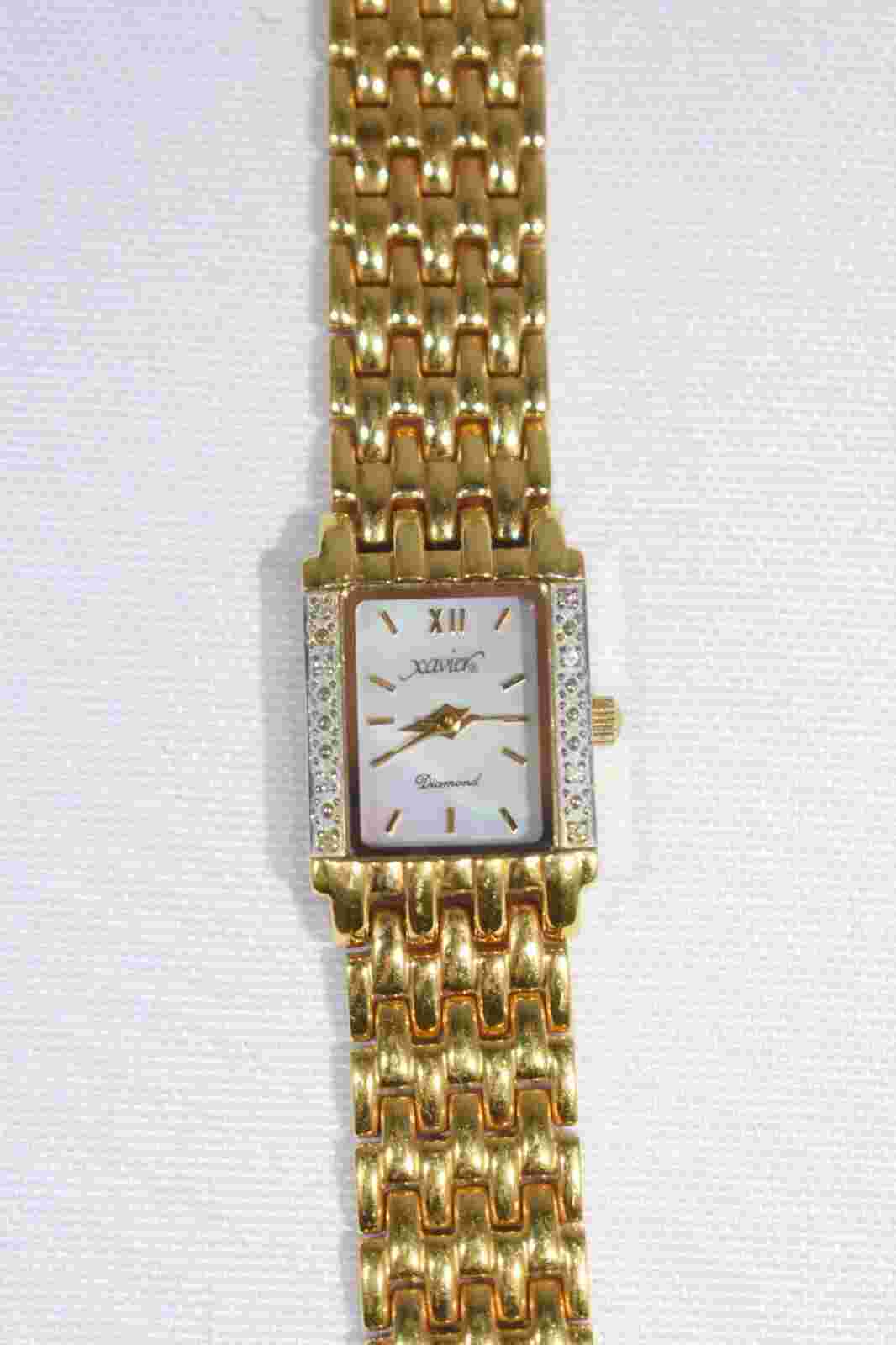 XAVIER pearl face natural diamond accent 18k gold plated watch New battery