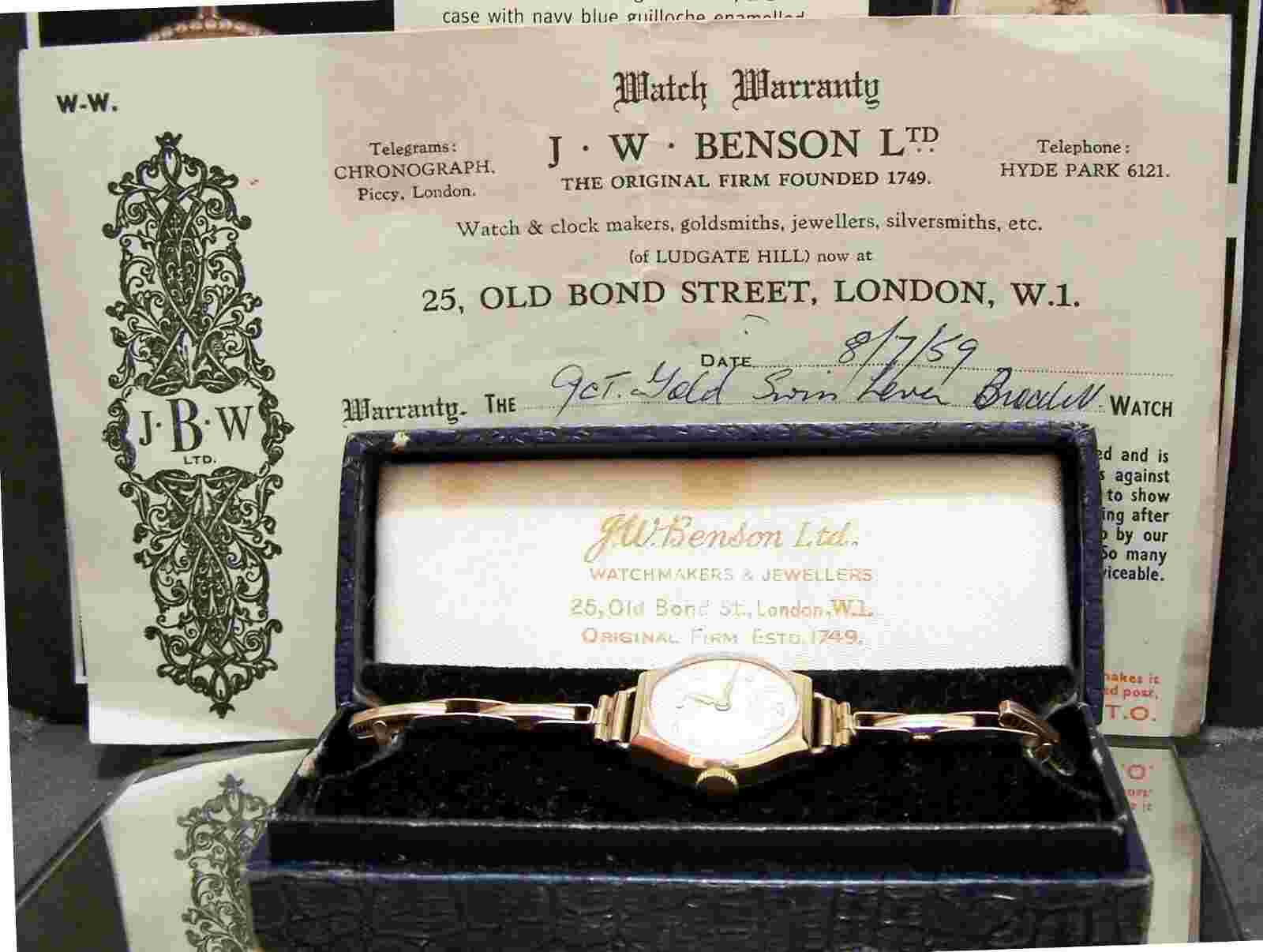 ANTIQUE VINTAGE STUNNING J W BENSON SOLID GOLD WATCH & BAND + BOX AND PAPER