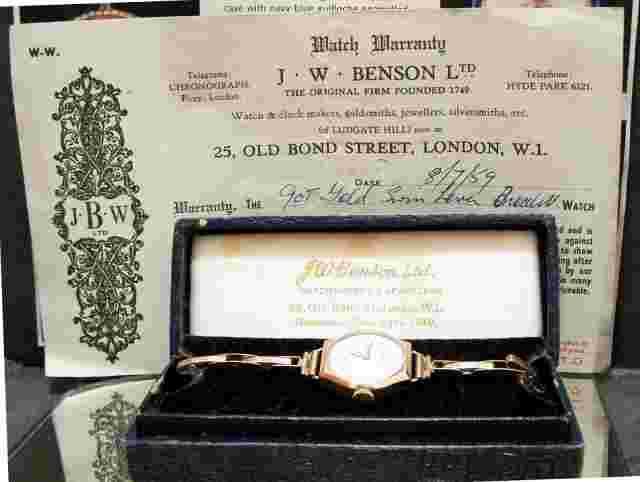 ANTIQUE VINTAGE STUNNING J W BENSON SOLID GOLD WATCH & BAND + BOX AND PAPER