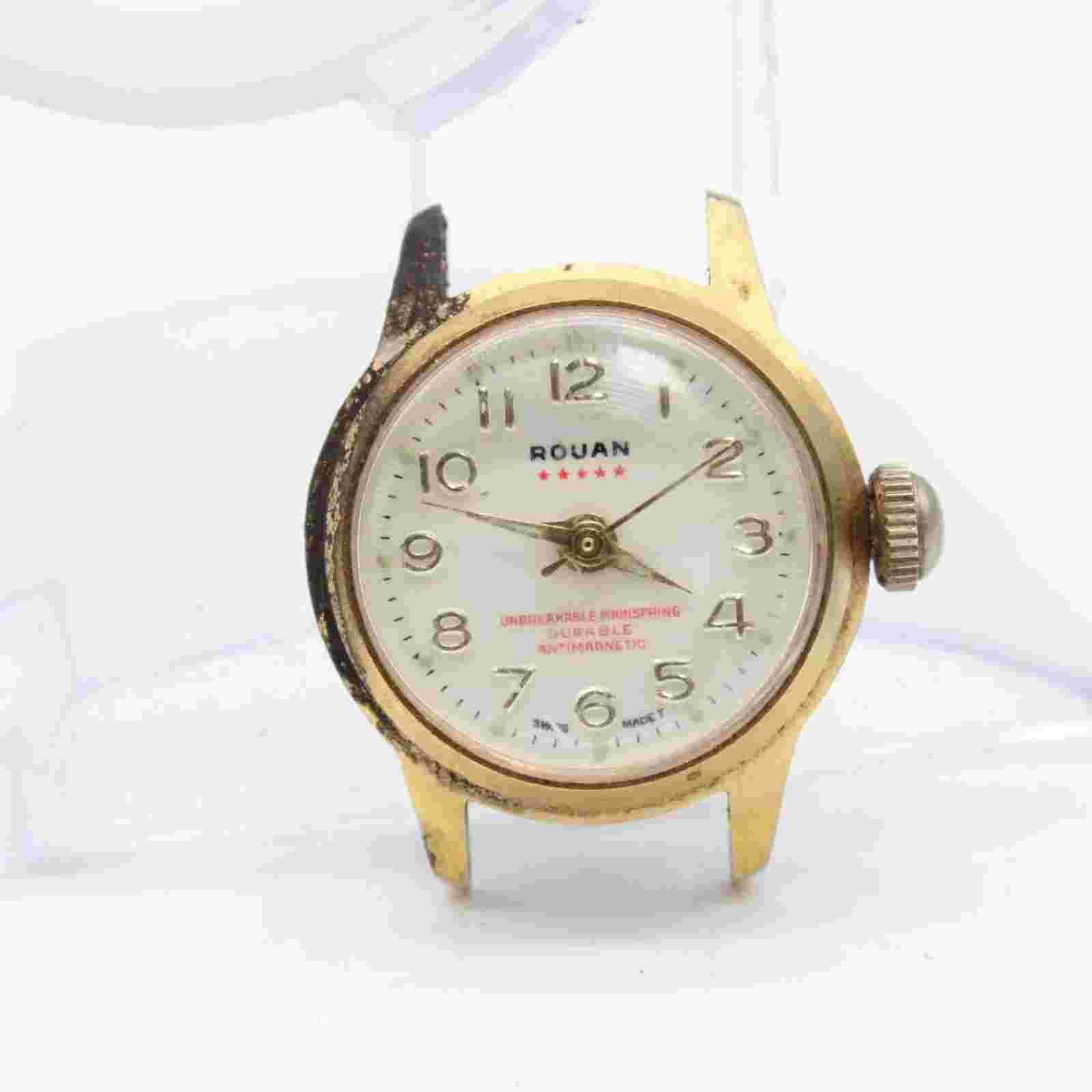 Vintage ROUAN Swiss Made Watch Womens Gold Tone Stainless Steel White Dial