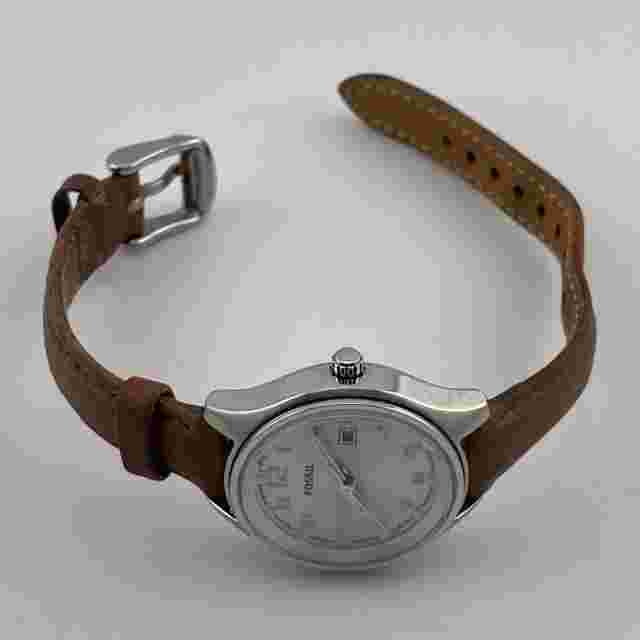 Fossil Womens Watch AM-4379 Date 32mm Case Brown Leather Band Quartz Three Hands