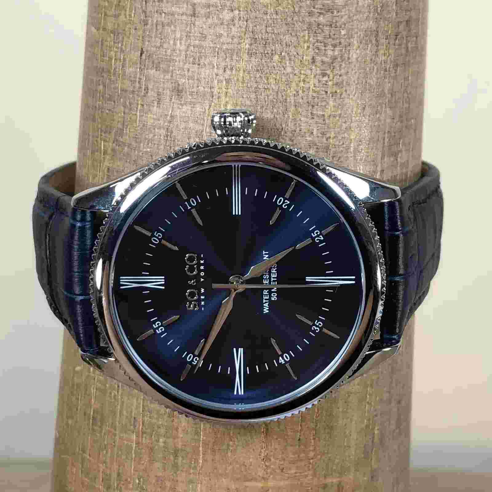 SO & CO New York Madison Unisex 39mm Round Blue Dial Leather Quartz Watch 7 3/4"