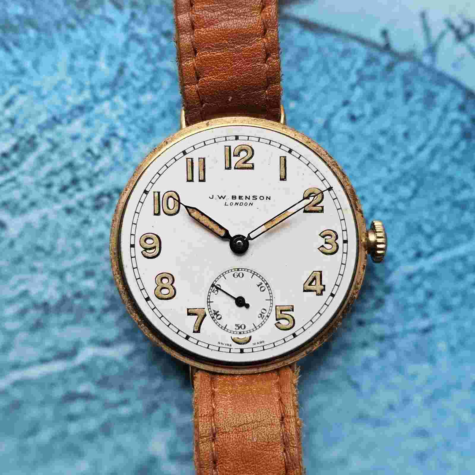 Vintage 9k Solid Gold J W Benson Trench  Men's Watch