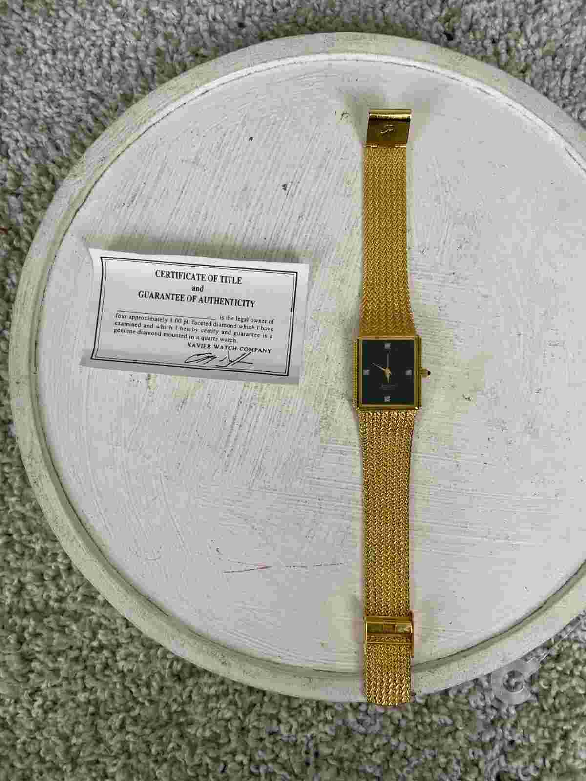 Xavier Quartz Diamond Wristwatch Woven Gold Tone Band w/ Case Untested