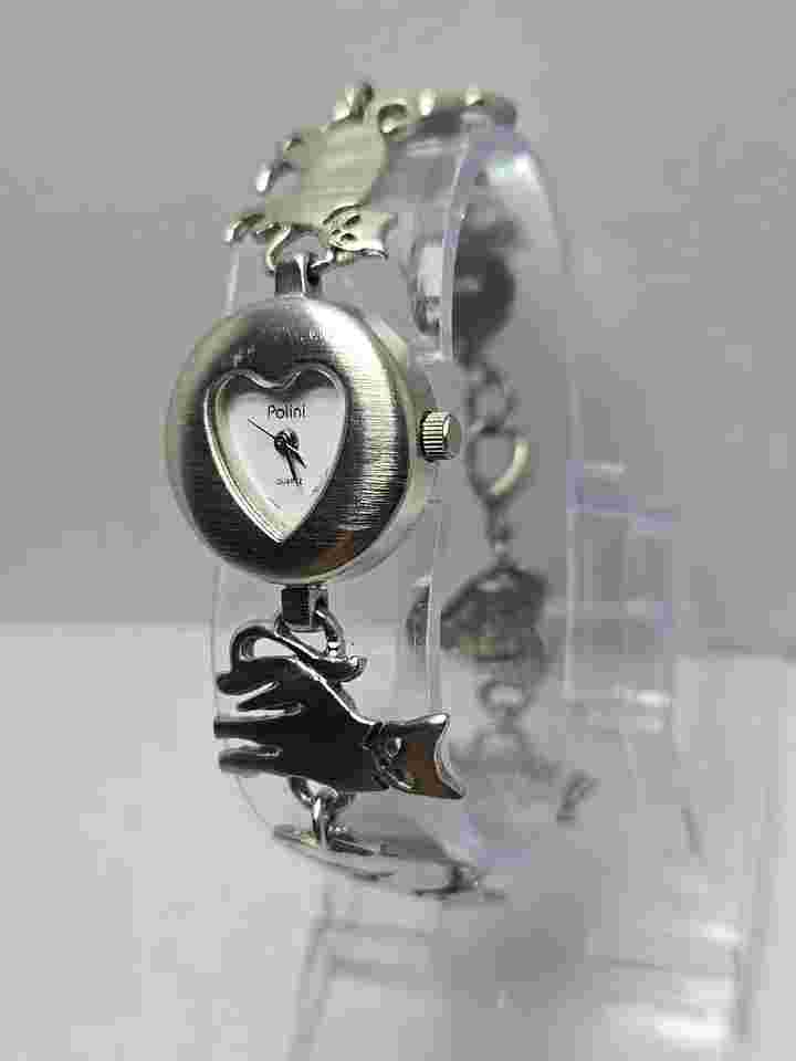 Womens Polini Heart Cats Watch Silver Tone Charm Band Bracelet New Battery