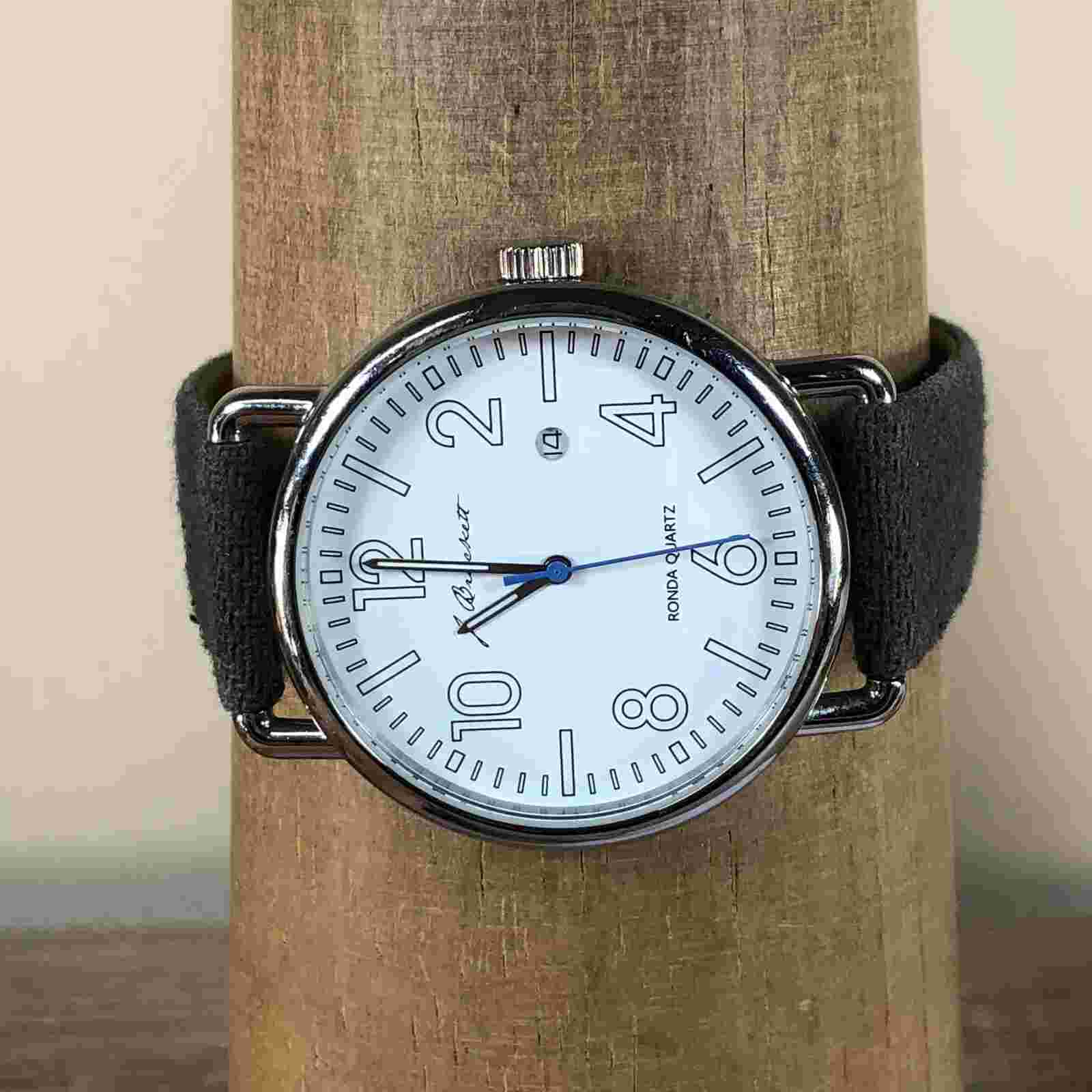 J. Brackett Men White Dial Date Leather Ronda 42mm Quartz Analog Watch 8 1/4"