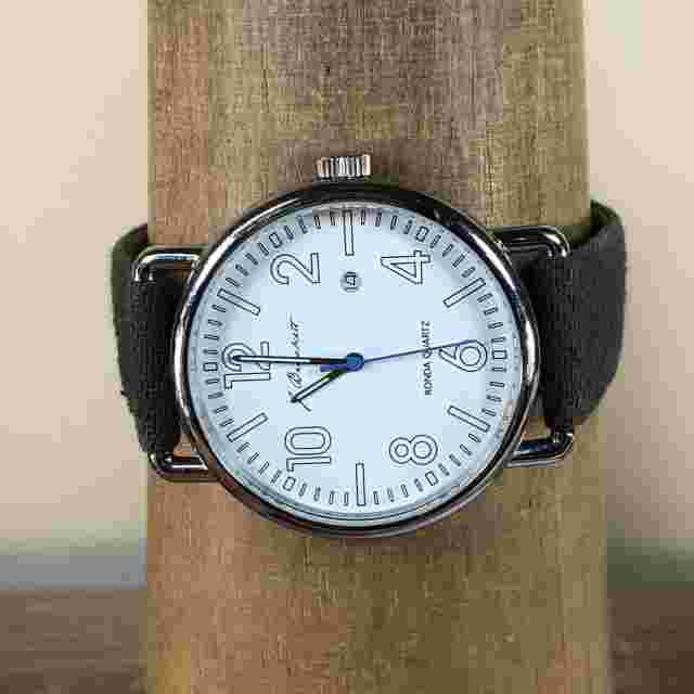 J. Brackett Men White Dial Date Leather Ronda 42mm Quartz Analog Watch 8 1/4"