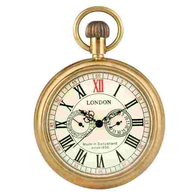 Men's Vintage Windup Mechanical Pocket Watch Chain Brass Open Face Fob Watches