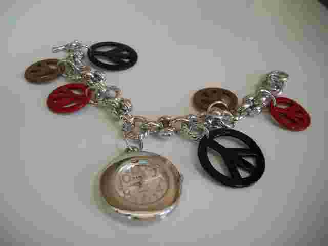 WOMEN'S SILVER FINISH RED,BLACK & BROWN PEACE SIGN DANGLING CHARM FASHION WATCH