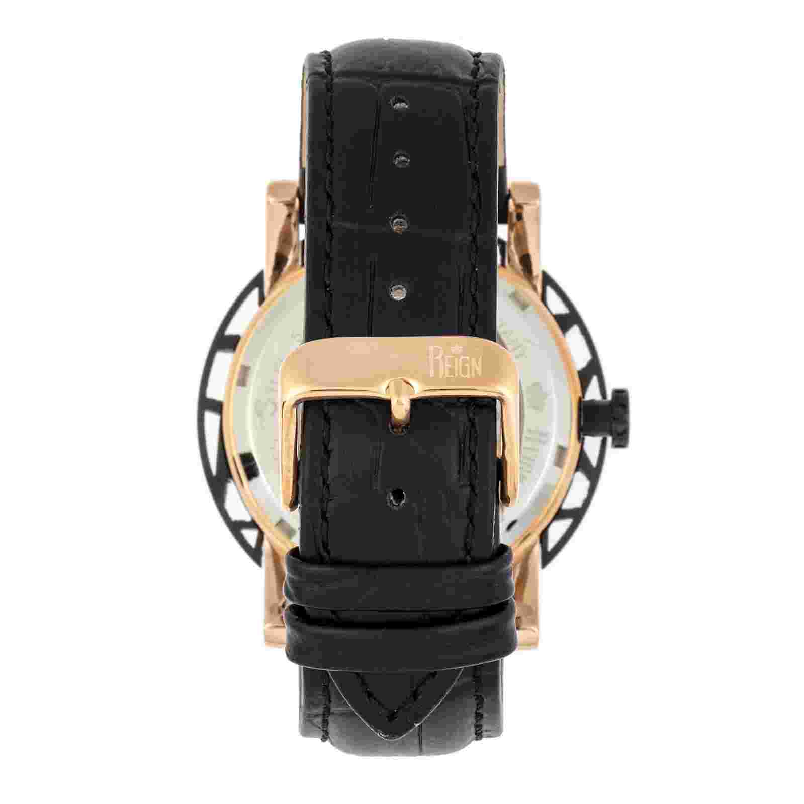 Reign Stavros Automatic Skeleton Leather-Band Watch - Rose Gold/Black