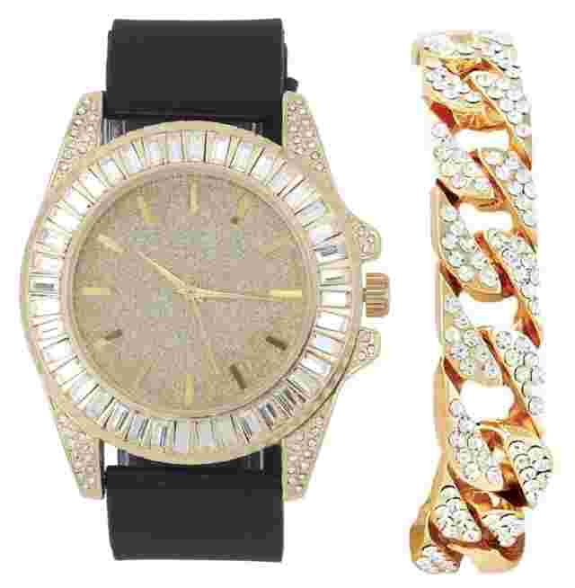 Baguette Cut Diamond Crystal Blinged Mens Watch and Cuban Bracelet - ST10372C