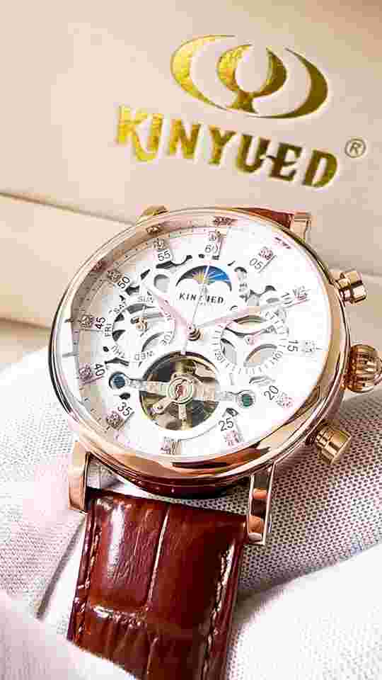 KINYUED Skeleton Automatic Watch Men Sun Moon Phase Tourbillon Mechanical Watche