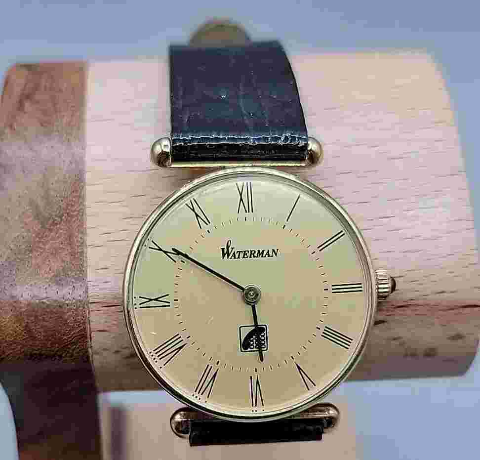 87 Waterman Paris Montres Mens Watch 8" Band 30mm Gold Plated Case Original Box
