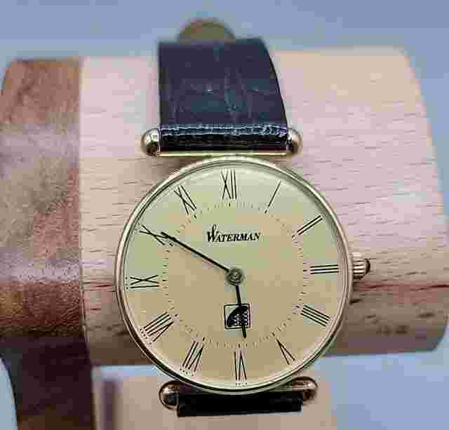 87 Waterman Paris Montres Mens Watch 8" Band 30mm Gold Plated Case Original Box