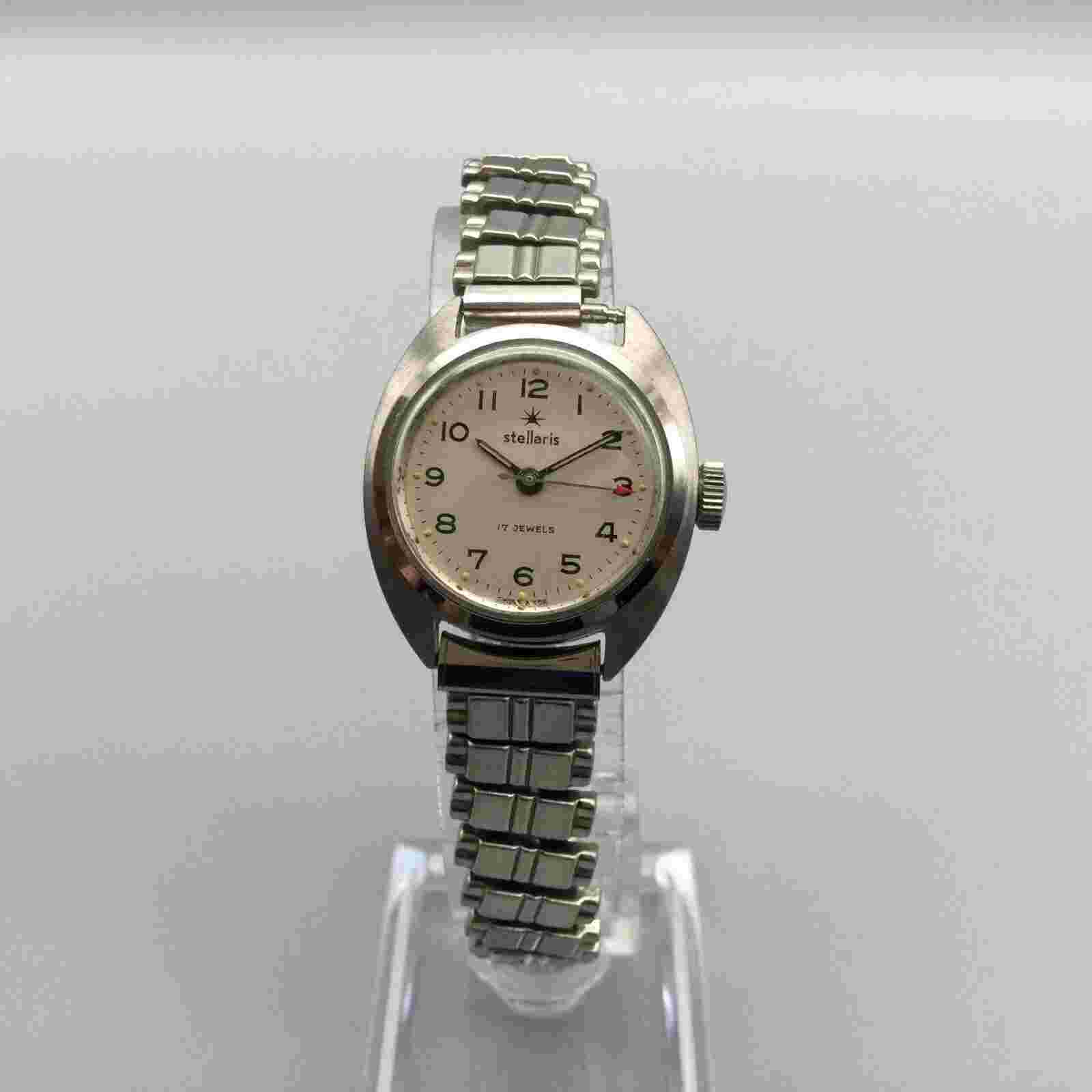 Vintage Stellaris Watch Women Silver Tone 17 Jewels Stretch Band Manual Wind