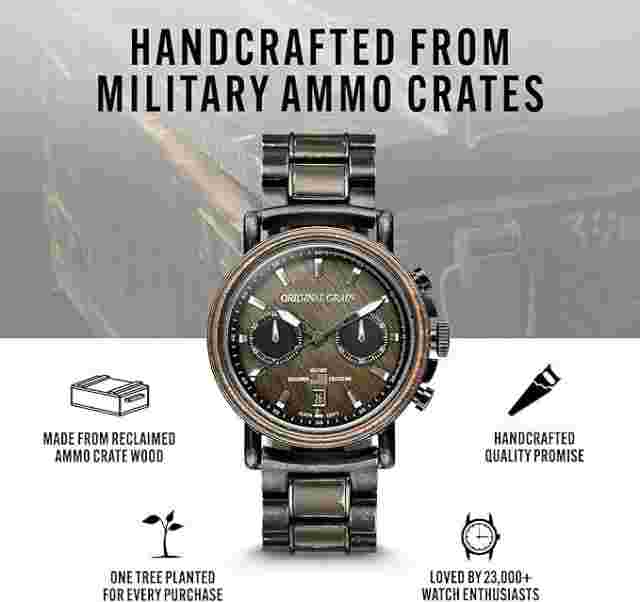 Original Grain Men's Military Ammo 42mm Analog Watch - STONEWASHED STEEL / WOOD