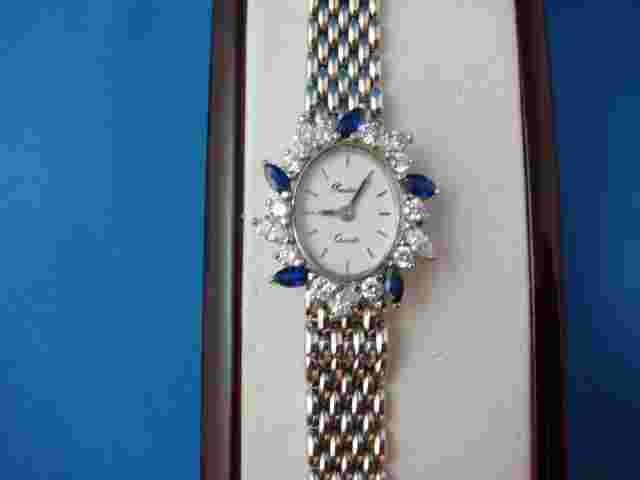 14 KT WHITE GOLD LADIES MARQUISE DIAMONDS AND SAPPHIRES PRESTIGE WATCH 30 GRAMS