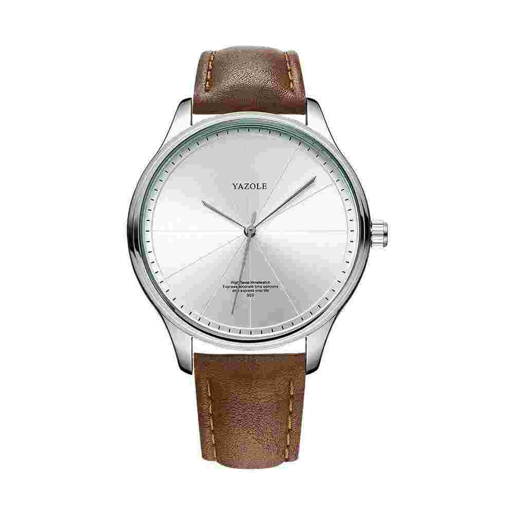 YAZOLE Quartz Stainless Steel Case Leather Strap Round Face Watch