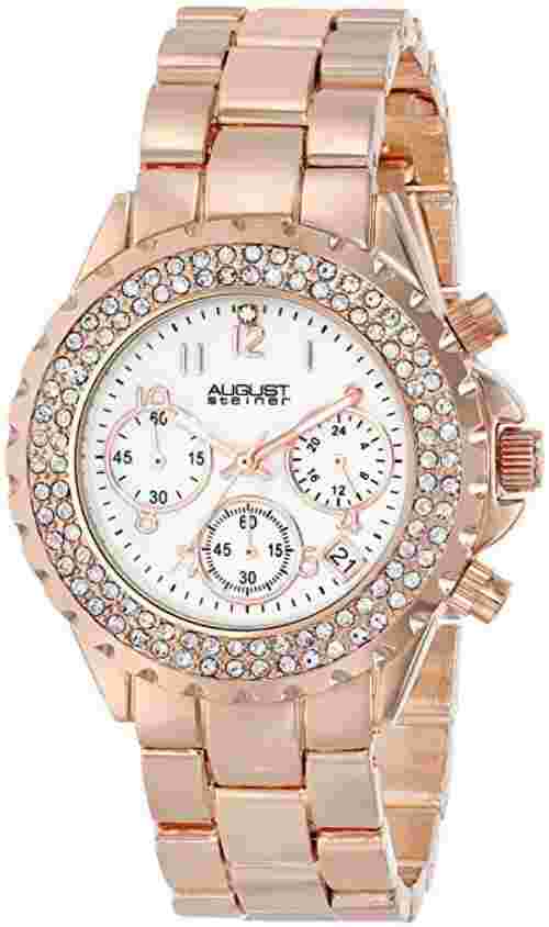 August Steiner Womens Crystal Mother Of Pearl Chronograph Bracelet Watch 3138
