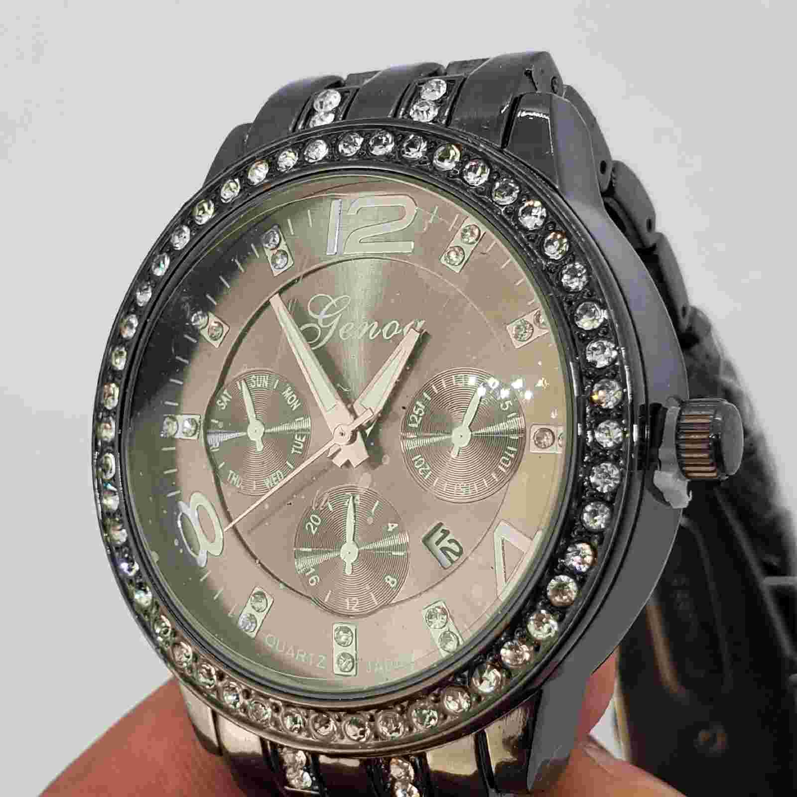 Genoa Women's Watch Crystal Bezel 41MM Black Dial Bracelet Band Date 7.5" Wrist