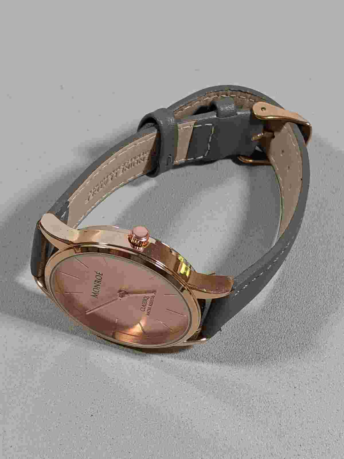Monroe by Maestro Rose Gold Tone Round Case 36 mm Gray Leather Band Watch